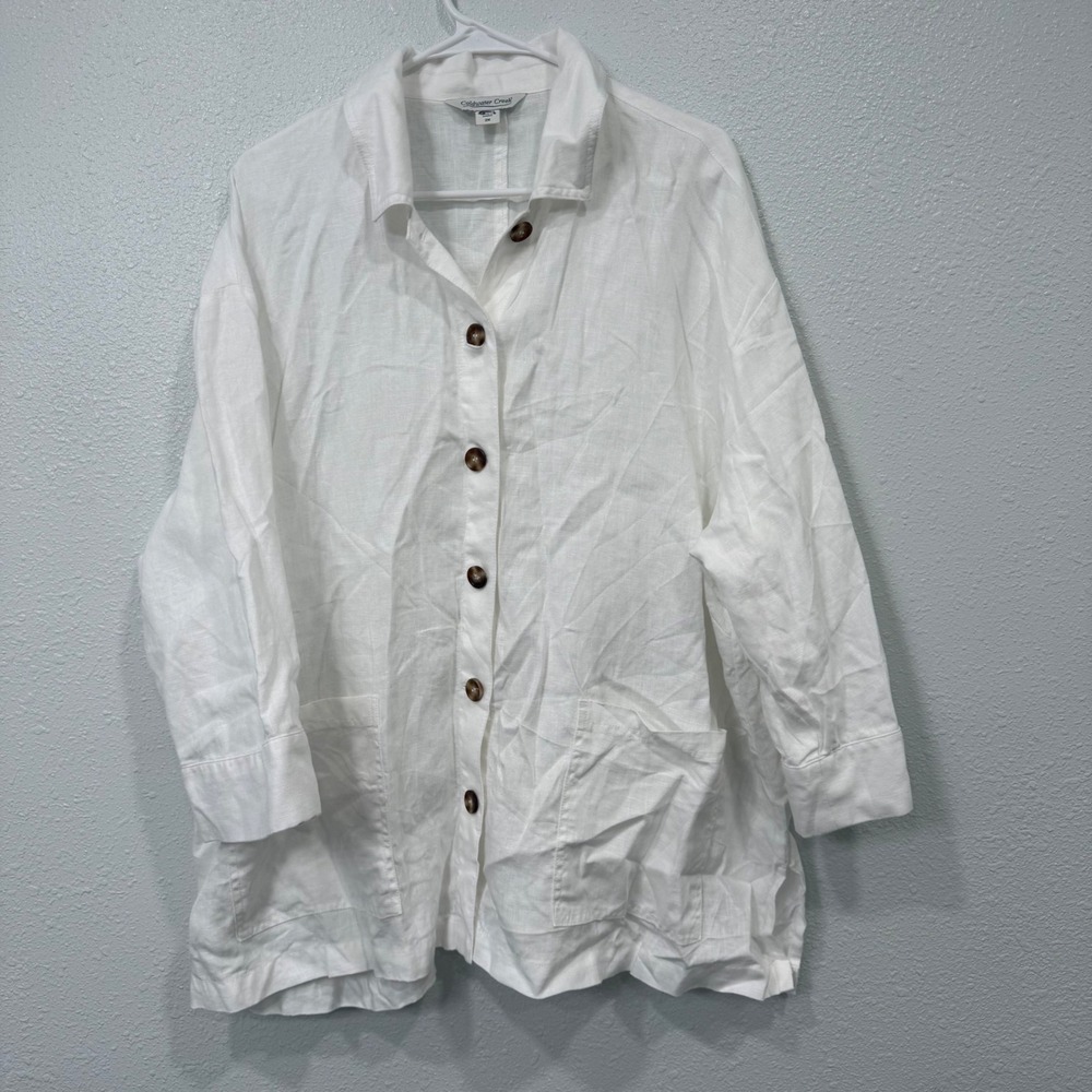 Coldwater Creek White 100% Linen Button Front Shirt Tunic Pockets Womens 2X